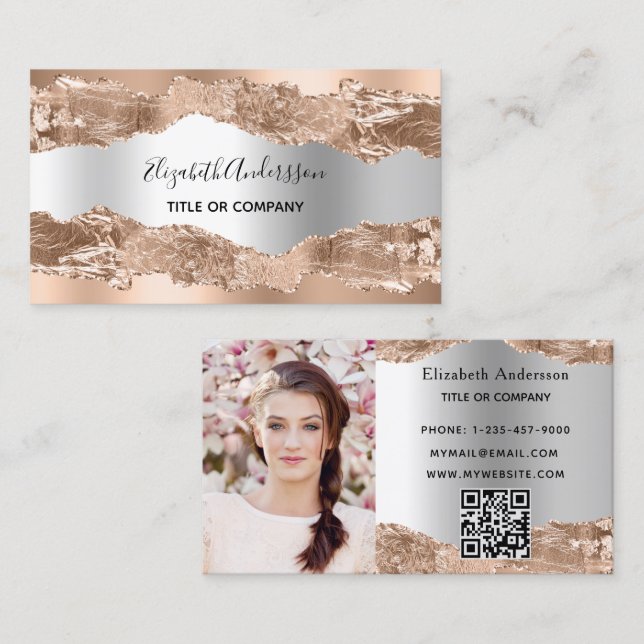 Cartão De Visita Código qr do mármore do agate prateado dourado da  (Frente/Verso)