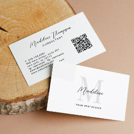 Cartão De Visita Código QR do Monograma Branco Preto com Script Mín