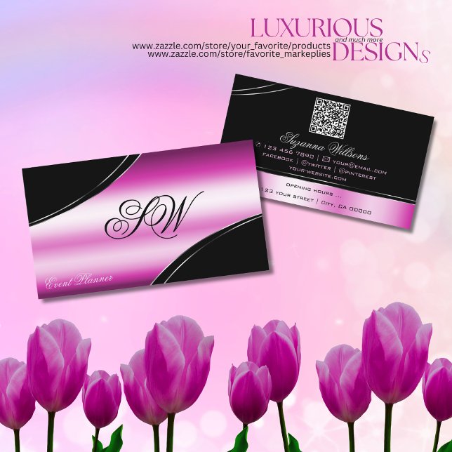 Cartão De Visita Código QR do Monograma das Linhas Curvas a Preto M (Criador carregado)