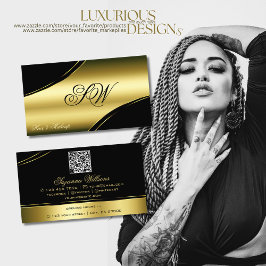 Cartão De Visita Código QR do Monograma das Linhas Curvas Douradas 