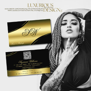 Cartão De Visita Código QR do Monograma das Linhas Curvas Douradas 