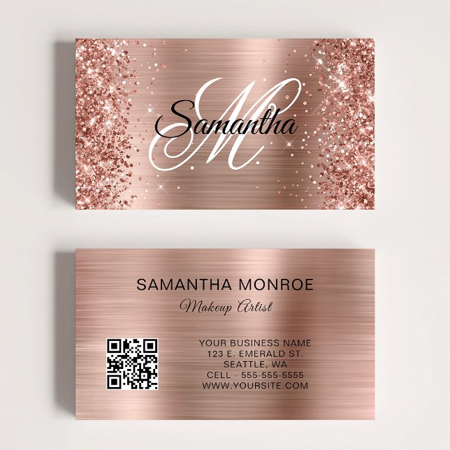 Cartão De Visita Código QR do Monograma de Folha Rosa dourada da li (Glittery Rose Gold Foil Monogram QR Code Business Card)