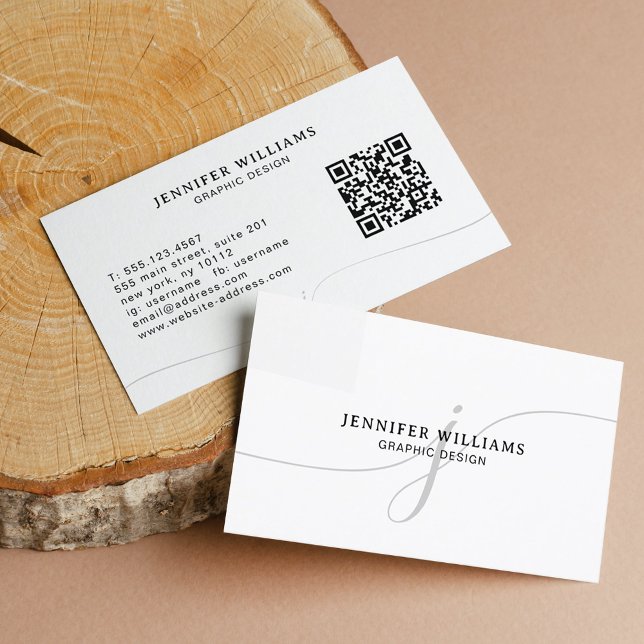 Cartão De Visita Código QR do Monograma de Script Preto Branco Simp (Criador carregado)