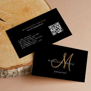 Cartão De Visita Código QR do Monograma do Script Dourado Preto do