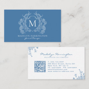 Cartão De Visita Código QR do Monograma do Verbo Floral Azul Modern