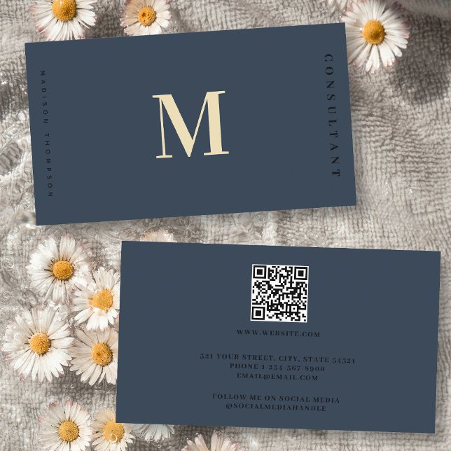 Cartão De Visita Código QR do Monograma Dourado Azul Elegante Profi (Professional Elegant Blue Gold Monogram QR Code Business Card)