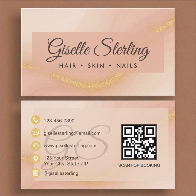 Cartão De Visita Código QR do Monograma Dourado com Cor de Água Mod (Criador carregado)