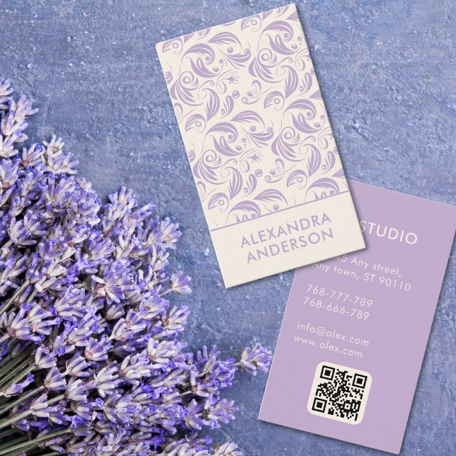 Cartão De Visita Código QR do Padrão Floral de Lavanda Roxo Elegant (Elegant Purple Lavender Floral Pattern QR Code Business Card)
