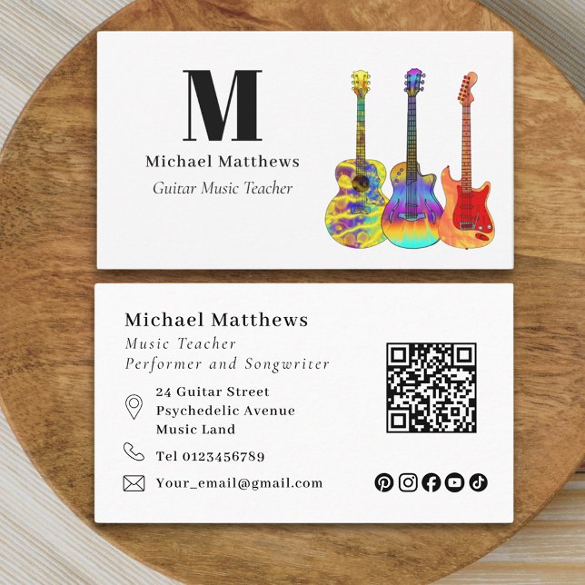 Cartão De Visita Código QR do professor de guitarra Music Business (Guitar teacher musician qr code and social media business card)
