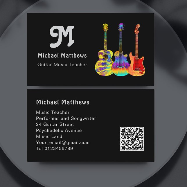 Cartão De Visita Código QR do professor de guitarra personalizado (Modern Guitar Teacher Social Media Logo custom template sleek black Business Card  )