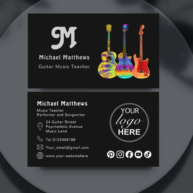 Cartão De Visita Código QR do professor de guitarra personalizado (Retro guitar teacher custom logo social media black business card)