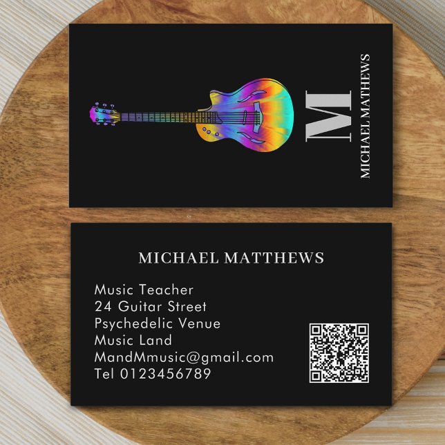 Cartão De Visita Código QR do Professor de Música Profissional de V (Modern guitar teacher professional musician qr code Business card Colorful semi acoustic guitar art )