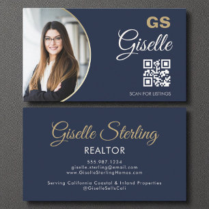 Cartão De Visita Código QR do Realtor de Foto Dourado do Monograma