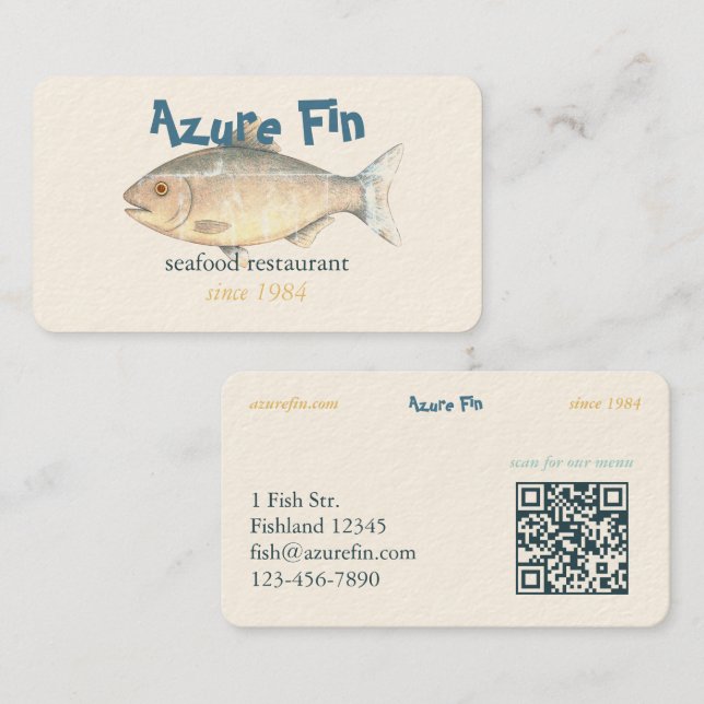 Cartão De Visita Código QR do Restaurante de Peixe Clássico do Azur (Frente/Verso)
