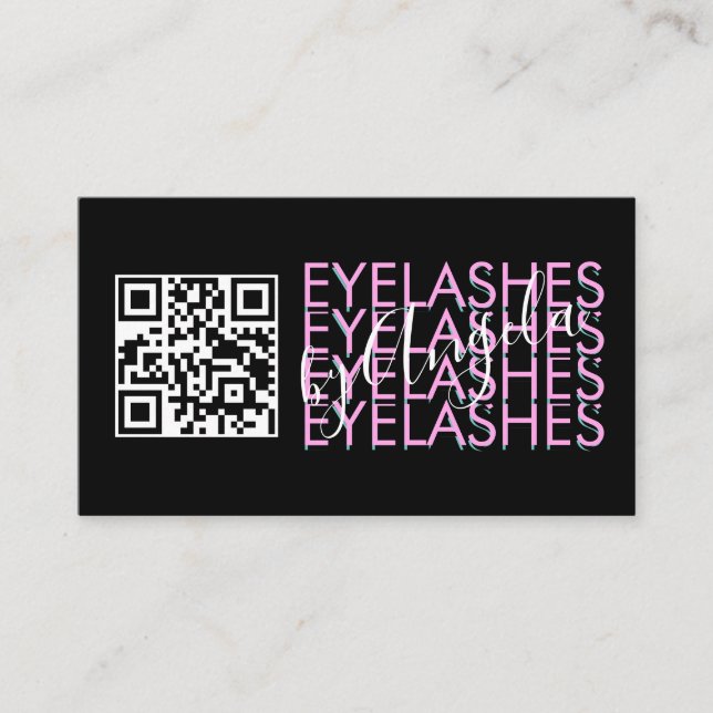 Cartão De Visita Código QR do Salão de Cílios Rosa Preto Script (Frente)