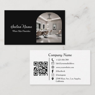Cartão De Visita Código QR do Salão Spa Arco Moderno Preto Branco