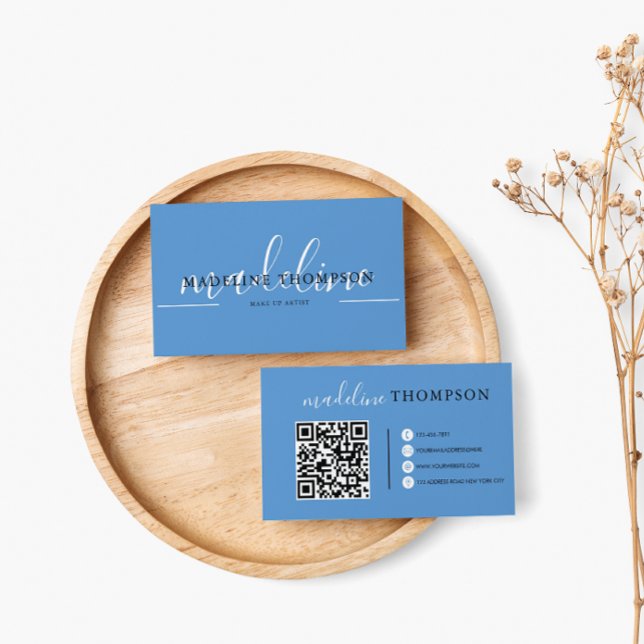 Cartão De Visita Código QR do Script de Caligração Azul Pastel (Criador carregado)