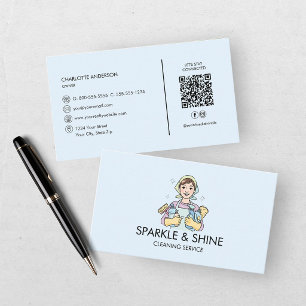 Cartão De Visita Código QR do Serviço de Limpeza Blue Maid House