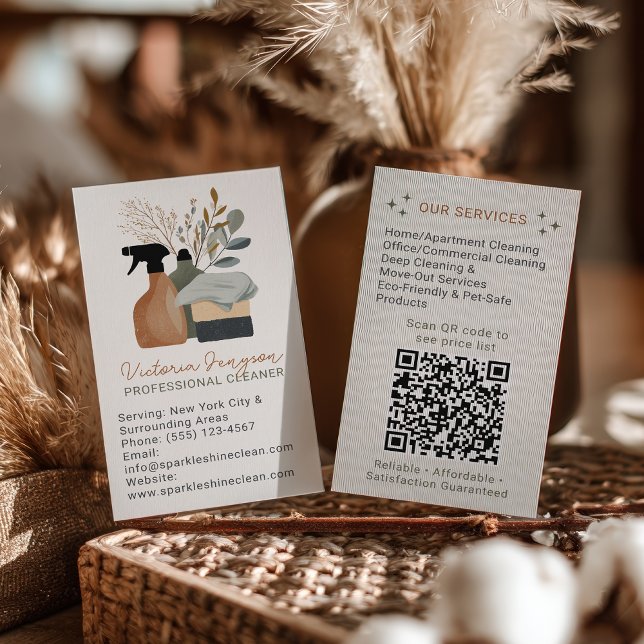 Cartão De Visita Código QR do Serviço de Limpeza Boho Neutro (neutral Boho Cleaning Service Maid QR Code Business Card)
