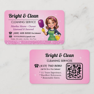 Cartão De Visita Código QR do Serviço de Limpeza Pink Maid