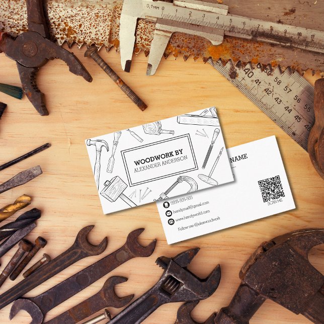 Cartão De Visita Código QR do Serviço de Manual do Carpenter Tools (Carpenter Tools Handyman Service QR Code Business Card)