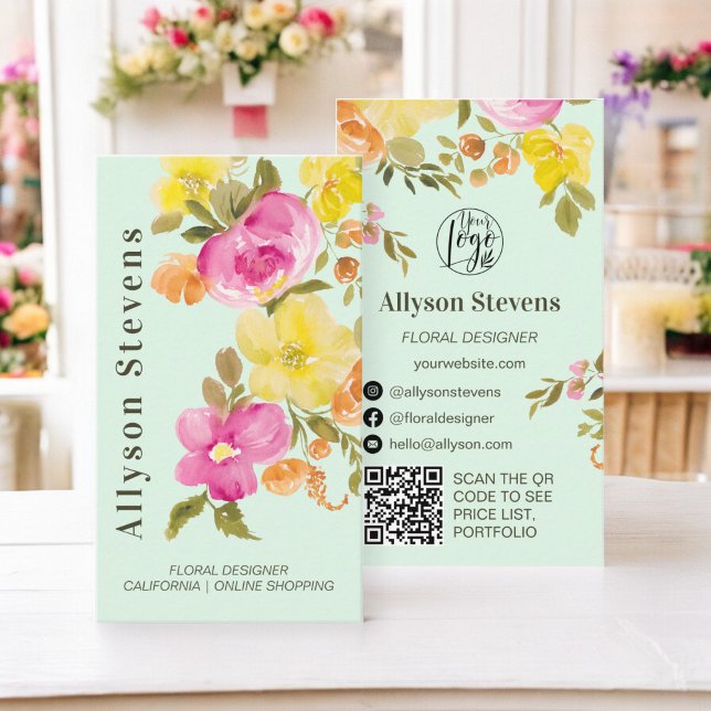 Cartão De Visita Código qr do símbolo verde da hortelã floral moder (Modern floral watercolor mint green logo qr code business card)