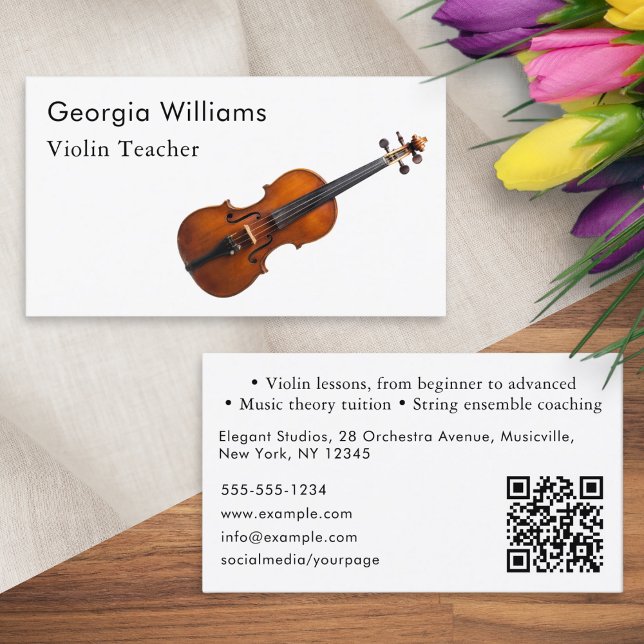 Cartão De Visita Código QR do Tutor do Instrumento Musical do Profe (An elegant, customizable business card for a violin teacher, with scannable QR code)