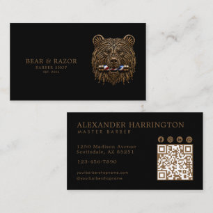Cartão De Visita Código Qr do Urso de Bronze da Barbearia Profissio