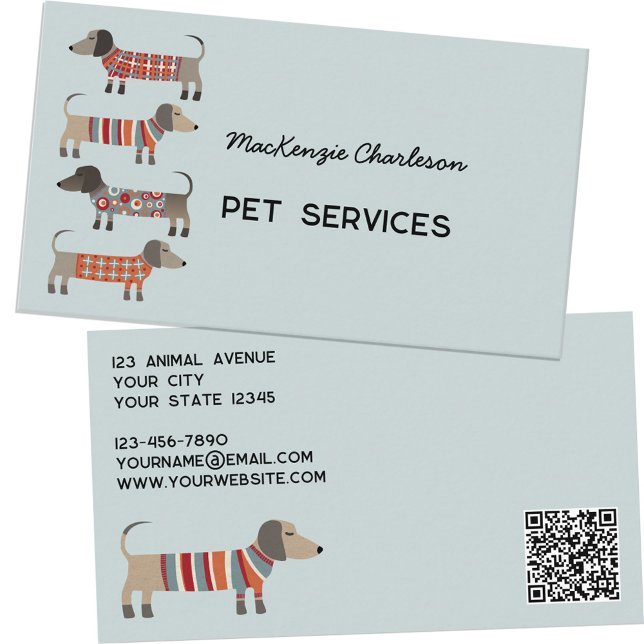 Cartão De Visita Código QR dos Serviços de Pet de Cães de Dachshund (Dachshund Wiener Sausage Dog Pet Services professional business card with QR code)