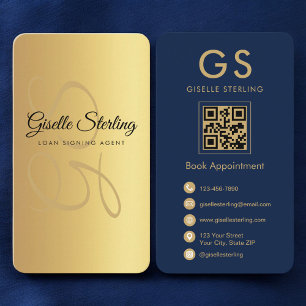 Cartão De Visita Código QR Dourado Azul do Agente de Assinatura de