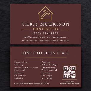 Cartão De Visita Código QR Dourado e Burgundy Empresa de Construção