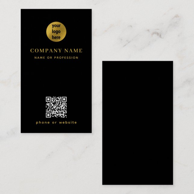 Cartão De Visita Código QR Dourado mínimo preto (Frente/Verso)