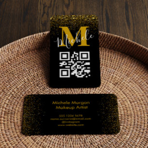 Cartão De Visita Código QR Dourado Monograma Ouro Glitter Sparkle P