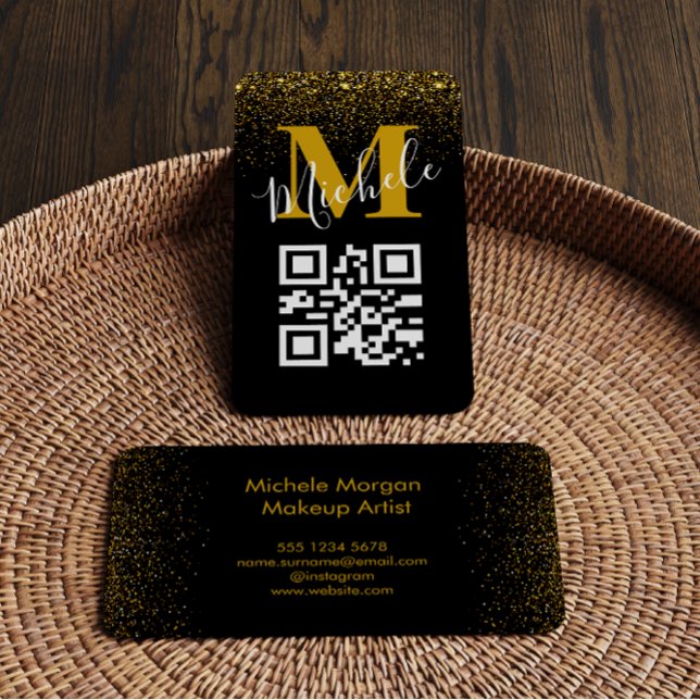 Cartão De Visita Código QR Dourado Monograma Ouro Glitter Sparkle P (Criador carregado)