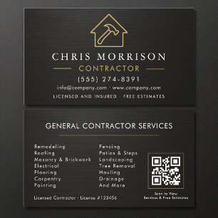 Cartão De Visita Código QR Dourado Preto de Construção Geral Metáli