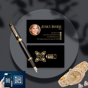 Cartão De Visita Código QR Dourado preto de foto profissional elega