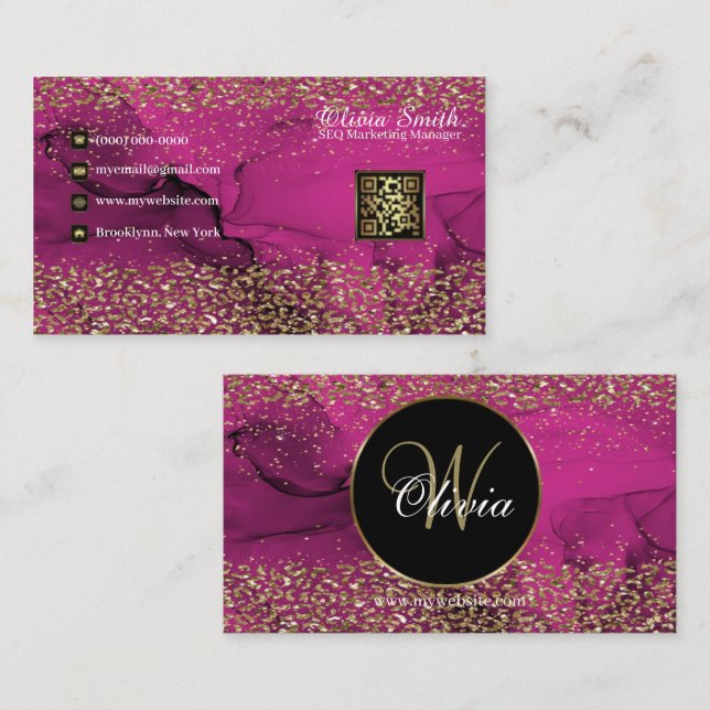 Cartão De Visita Código QR Dourado Rosa Elegante Monograma (Frente/Verso)