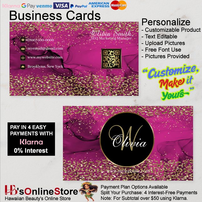 Cartão De Visita Código QR Dourado Rosa Elegante Monograma (Monogram Elegant Classy Pink Gold QR Code Business Card 38.)