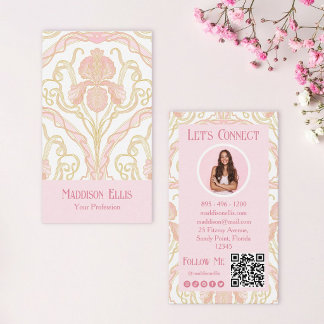 Cartão De Visita Código QR e Foto Floral Art Nouveau Rosa