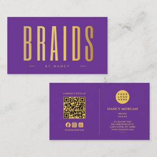 Cartão De Visita Código QR e Logotipo de Tranças Roxo e Dourado