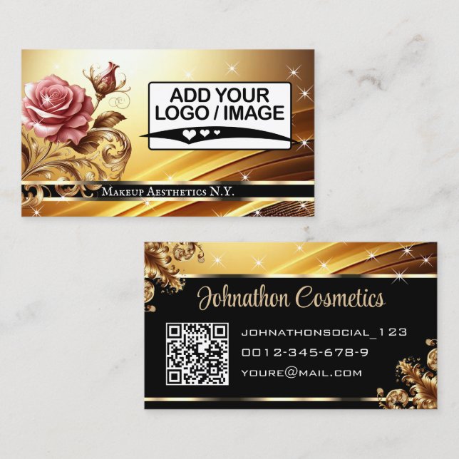 Cartão De Visita Código QR e logotipo do Rosa de luxo do Ouro luxuo (Frente/Verso)