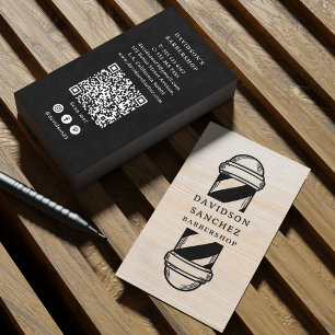 Cartão De Visita Código QR e Mídia Social para Barbearia de Madeira