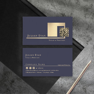 Cartão De Visita Código QR Elegante Azul Marinho e Dourado Brilhant
