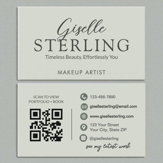 Cartão De Visita Código QR Elegante de Script Verde de Sage Moderno (Criador carregado)