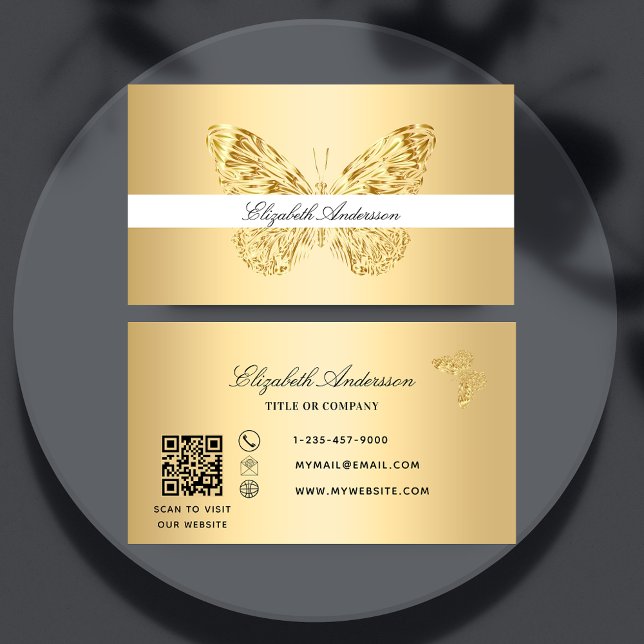 Cartão De Visita Código QR elegante do código de borboleta dourado (Criador carregado)