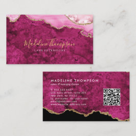 Cartão De Visita Código QR Elegante Magenta Rosa Mármore Ágata Geod