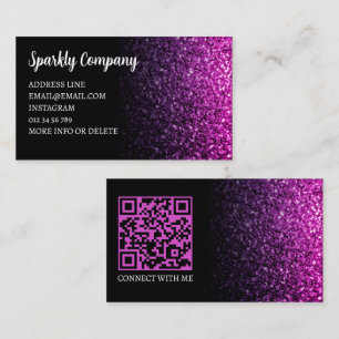 Cartão De Visita Código QR elegante preto com brilho ombre rosa rox
