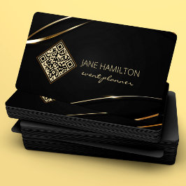 Cartão De Visita Código QR Elegante Preto Dourado