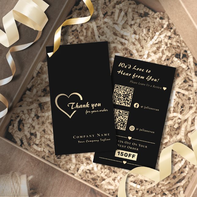 Cartão De Visita Código QR Elegante Preto e Dourado Brilhante de Co (Elegant Black & Gold Shiny Heart QR Code Thank you Card for Business)
