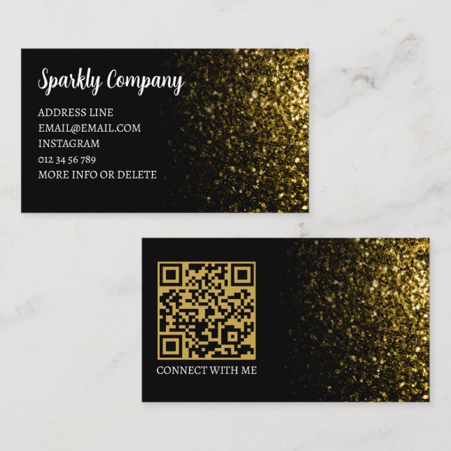 Cartão De Visita Código QR elegante preto esparso dourado escuro (Frente/Verso)